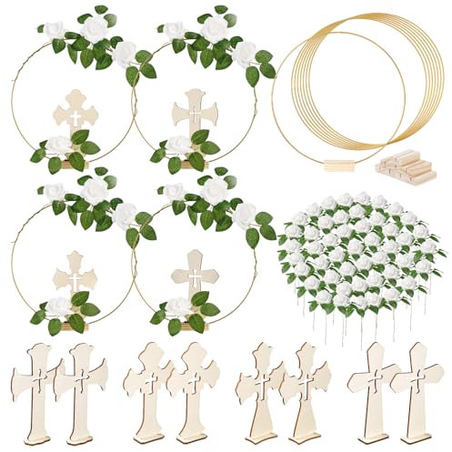 64 Stück Taufaufsteller für Tische – darunter 8 stehende Holzkreuze, 8 goldene Metall-Blumenreifen mit Ständer, 48 Schaumstoffrosen mit Stielen und Blättern für Taufparty