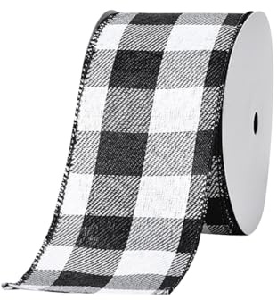 FSSTUD Dekoband mit Drahtrand, 9 m, 6,3 cm, kariert, dekorativ, kariert, Bauernhaus-Band, Juteband, Weihnachtsbaumband, Party-Bänder, Schwarz und Weiß