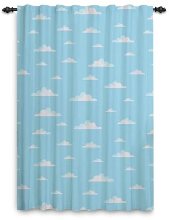 ggaimwf Window Curtain Blue White Cloud Solid Pencil Pleat Curtain with Ruffle Tape Living Room Kids Bedroom Curtains Drape Outdoor Patio Door Hallway Kitchen Rod Pocket 107x160cm 1 Panel