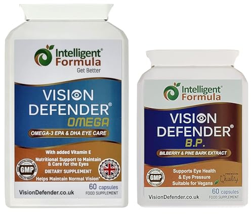 Vision Defender BP et Vision Defender Omega Pack Soin Oculaire - Extrait Myrtille Écorce de Pin Oméga-3 Huile Poisson - (EPA-DHA) Vitamine E - Compléments Yeux Secs Confort & Soutien - 120 Capsules