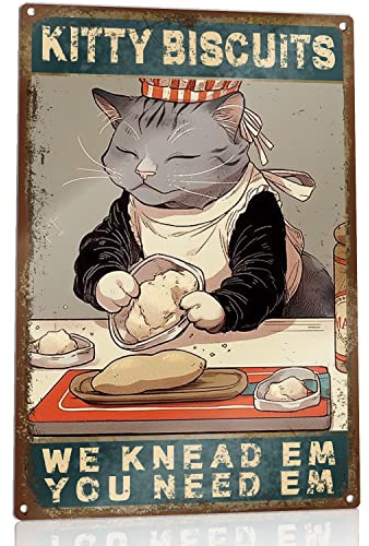 Add a Fun and Whimsical Touch to Your Kitchen with Kitty Biscuits Tin Sign,Featuring the Adorable 'You Need We Knead Cat' Design,Gift for Cat Lovers,8x12 Inch Wall Art Decoration.