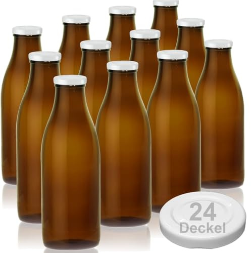 Geniess-Bar! 12 Milchflaschen braun leere Glasflaschen 1L Milch Flaschen 24 Twist off Schraubverschluss Deckel leer zum Befüllen erhältlich mit 2/4/6/9/12/15 Weithalsflaschen hitzebeständig