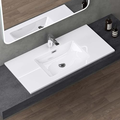doporro Waschbecken mineralguss Einbauwaschbecken 100x48x14cm weiß | Einbauwaschtisch Eckig mit Überlauf Waschtisch Handwaschbecken, Einfache Montage, DIN-Anschlüsse Colossum02
