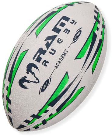 Ram Rugby Ballon de rugby Academy Trainer (taille 4) 3 plis, qualité club de rugby – Grip 3D pour un contrôle ultime des passes et des prises – Convient pour les jeunes, les enfants et les enfants