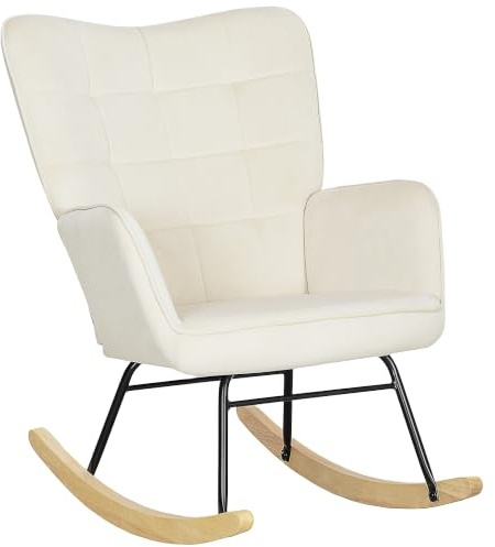 HOMCOM Schaukelstuhl mit Samtimitat Armlehne bis 120kg Beige | Schaukelsessel, Gepolsterter Sessel mit Hoher Rückenlehne, Holzkufen, Moderner Relaxsessel, Wohnzimmer, Schlafzimmer