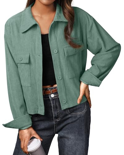 IWOLLENCE Cordjacke Damen Hemdjacke Cordhemd Kurzjacke Langarm Revers Button-Down Shacket Mantel (Grün, M)