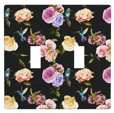 Placca di copertura per interruttore della luce a levetta, 2 piastre da parete di dimensioni standard 11,4 x 11,4 cm, garofano colibrì nero doppia piastra di copertura per interruttore della luce