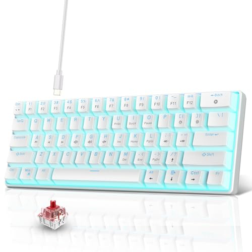 Snpurdiri Clavier de jeu mécanique filaire à 60 %, 61 touches anti-ghosting, rétroéclairage LED bleu, deux supports ultra compacts (interrupteur rouge/blanc bleu glacier)