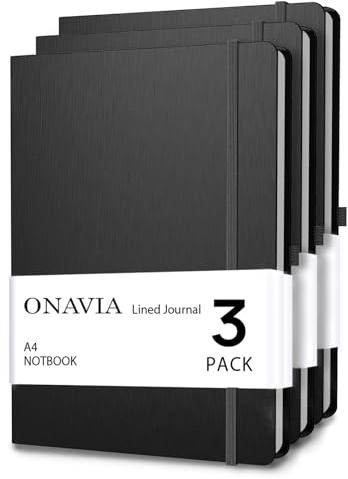 ONAVIA A4 Hardcover Liniertes Notizbuch 3er Pack, 80 Blatt, Schwarz | 160 Seiten, 21 × 29,7 cm, Hardcover, Liniert, Notizbuch für Schule, Studium und Büro