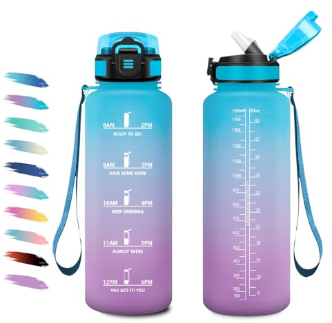Wasserflasche 1.5L, Sport Trinkflasche mit Strohhalm, Auslaufsicher, Motivierende Wasserflasche mit Zeitmarkierung, Kohlensäure Geeignet, Sportflasche für Radfahren, Wandern, Klettern, Fitnessstudio