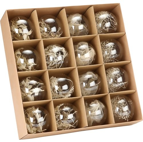 Sea Team Paquete de 16 bolas de Navidad transparentes con plantas secas rellenas, decoraciones de plástico irrompibles para árbol de Navidad, guirnaldas, guirnaldas, 60 mm, beige y blanco