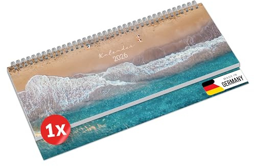 PRIMUS PRINT Tischkalender 2026 Quer Wochenkalender – 64 Seiten Terminkalender und Jahreskalender – 297x130mm – 75g Naturpapier, Drahtkammbindung, Feiertage und Schulferien - [Einzeln - Strand]