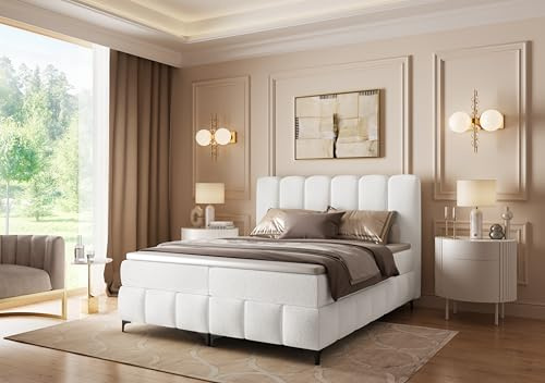 FURNISTAR Boxspringbett Tina 160x200 mit Matratze und Bettkasten - Doppelbett Familienbett mit Topper Stauraum Bubblebett Polsterbett Hotelbett - Weiß