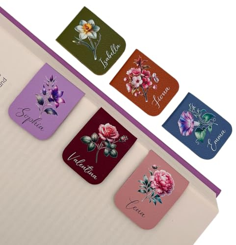 Darina Handmade® Magnetisches Lesezeichen aus Leder - personalisiert mit Geburtsblume & Name - Geschenk für Frauen & Buchliebhaber - Blumen-Lesezeichen - Buch Zubehör