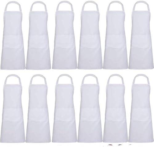 YFNVH 12 Stück Weiße Küchenschürze für Damen und Männer, Kochschürze mit Tasche, Verstellbar Nackenband Kochschürze Wasserdichte Schürze für Kochen, Restaurant, Bar, Café, Basteln