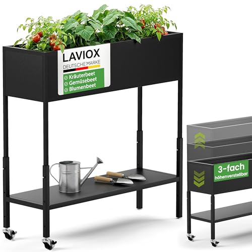 LAVIOX 3-Fach höhenverstellbares rollbares Hochbeet | Pflanzenständer | aus Metall in schwarz – B 80cm, T 25cm, H 60/70/80 cm – rostfrei, wetterfest, Indoor/Outdoor, für Gemüse, Kräuter, Pflanzen