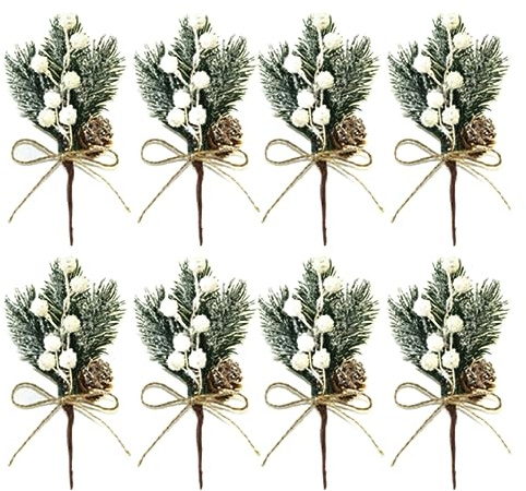 Rami di pino artificiali, bacche di Natale Pigne Rami artificiali Stelo di agrifoglio Decorazione ghirlanda di Natale Bianco 8 pezzi, Plettri natalizi