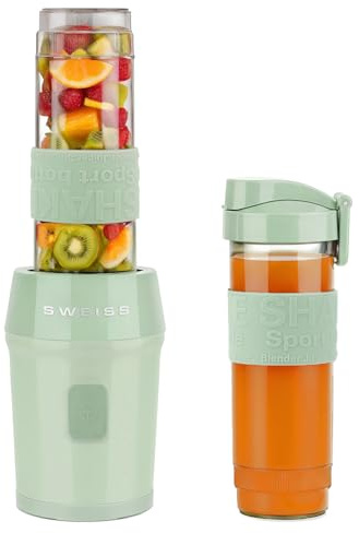 SWEISS Mini Blender, Mixeur Portable, Smoothie MOOV7, 2 Gourdes de 570 ml avec Couvercles de Voyage, 4 Lames Inox, 300W, Compatible Lave-Vaisselle, Vert