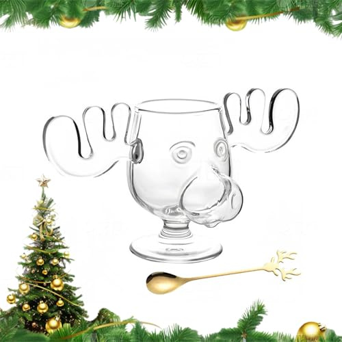 Christmas Eggnog Moose Mug, Christmas Vacation Moose Mugs 8oz, Clear Holiday Glass Cup with Antlers, Moose Mug for Coffee Eggnog, Funny Xmas Gift for Friends Family Holiday Party (Short Footed Glass)