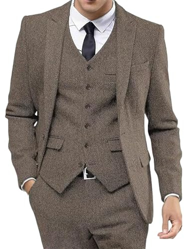 Herrkostym i tweed, fiskbensmönster, bröllopskostym, smoking, 3 delat set med spetsiga slag, ljusbrun, stor