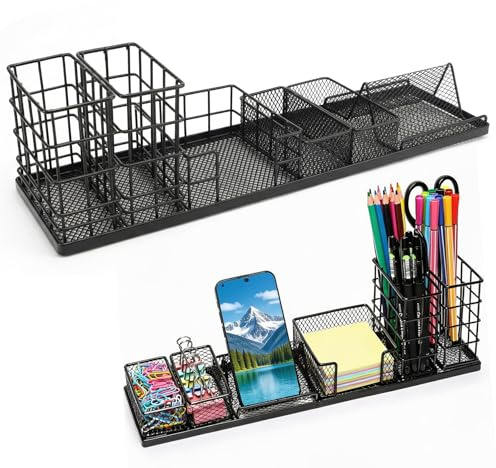 Schreibtisch Organizer Tischorganizer Metal Büro Organizer Einstellbaren Stifthalter Multifunktionale Stiftehalter Stiftebox Telefonständer, Haftnotizen,Bleistiftschale, DIY-Dekoration, Schwarz