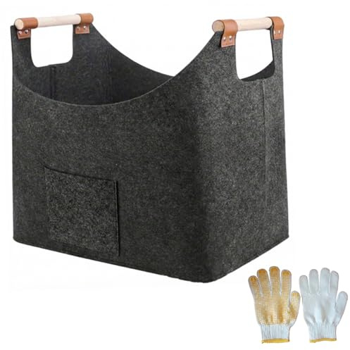 Muzrunq Firewood Basket, Extra Thick Felt Firewood Carrier with Wooden Handle and Gloves for Camping, BBQ Barbecue, 23.6x15.7x15.7 Inch