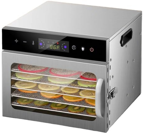 6 Tray Food Dehydrator, Fruit Dryer Machine for Fruit, Veg, Meat & More | Stainless Steel, LED Touch Control Design, 360° Airflow, Adjustable Digital Temperature 30-90°C, 24 Hour Timer