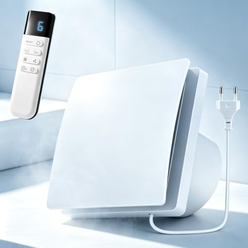 VeftBltrem Ventilatore da bagno silenzioso da 100 mm con telecomando, timer e 9 livelli di velocità, flusso d'aria 150 m³/h, bianco, quadrato, montaggio a parete/finestra, IPX4, per cucina, doccia, 35