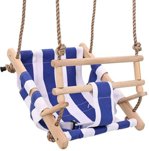 GeenYuu Columpio para bebé con cinturón de seguridad y patillas de algodón y madera, azul, 35 x 30 x 57 cm, para bebés de 6 a 36 meses, exterior, interior, jardín, juguete, movimiento, motricidad