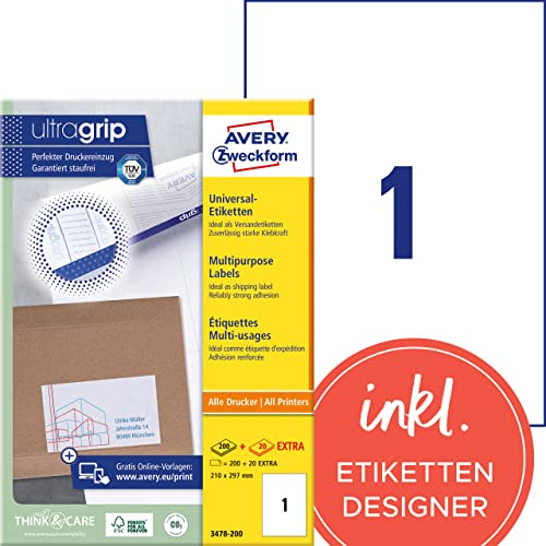 AVERY Zweckform 3478–200 universella etiketter (200 plus 20 självhäftande etiketter extra, 210 x 297 mm på A4, tryckbara fraktetiketter, självhäftande fraktklistermärken med ultragrip) 220 ark, vit