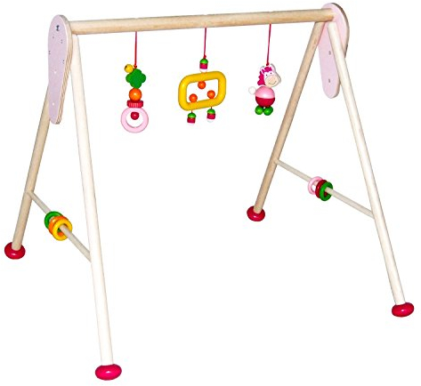 Hess Holzspielzeug 13347 - Spielgerät aus Holz, Serie Pferdchen, für Babys, handgefertigter Spielbogen mit farbenfrohen Figuren und Rasseln, ca. 62 x 55 x 50 cm