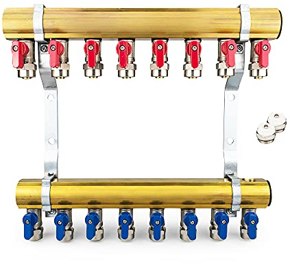 Messing Heizkreisverteiler 8 Heizkreise Set mit 16 x PEX Kugelhahn mit Klemmring 16mm x 1/2 AG & 2 x Entlüfter & 2 x Blindstopfen 1 Zoll | Systemverteiler Zentralheizung 2-12 Fach Verteiler Heizung