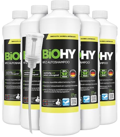 BiOHY KFZ Autoshampoo (6 x 1L) + Dosierer | Bio Autoreiniger für Hochdruckreiniger & Staubsaugerdüsen | biologisch abbaubares Konzentrat | schützt Lack | kraftvolle Tiefenreinigung