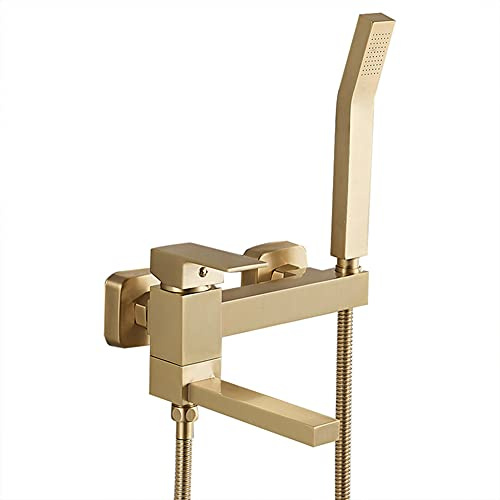 Gx Grifo Bañera con Alcachofa De Mano Mezclador De Bañera De Latón Monomando Montaje En Pared, Incluye Soporte Y Manguera De 150 Cm, Grifo De Ducha, Dorado Cepillado