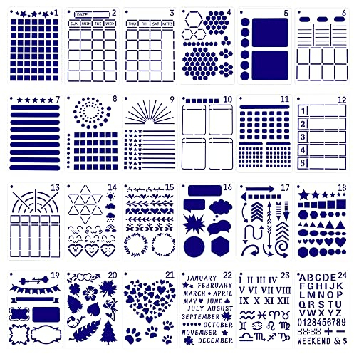 24 Stücke Schablonen Set,Bullet Journal Stencil Schablonen aus Kunststoff Zeichenschablonen Muster Wiederzuverwendend Vorlage Zubehör für Tagebuch, Scrapbook, DIY Geschenkkarten, Fotoalbum