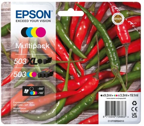 Epson Original 503 Tinte Chili Multipack 4-farbig schwarz XL, CMY Standard, XP-5200 XP-5205 WF-2960DWF WF-2965DWF, ReadyPrint Flex-Tintentarife