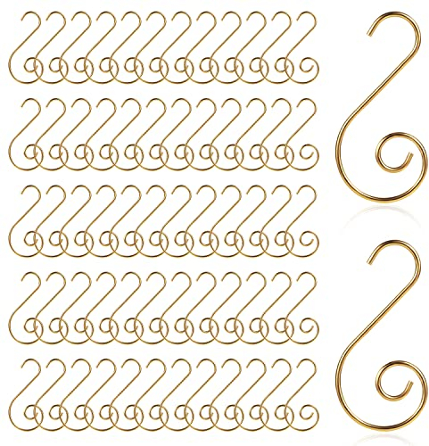 SAVITA 100 Piezas Ganchos de Árbol de Navidad en S, Ganchos Adornos Arbol Navidad con Caja de Almacenamiento Pequeños Ganchos de Metal para Colgar Adornos de Árbol de Navidad (Oro)