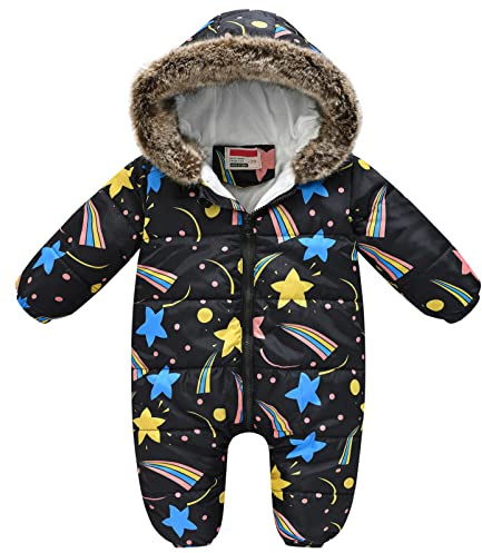 SEAUR Babyoverall, vinter, höjd 60–110 cm, pojke, flicka, sparkdräkt, nyfödd, baby, overall, tjock, varm med dragkedja, Svarta stjärnor, 100