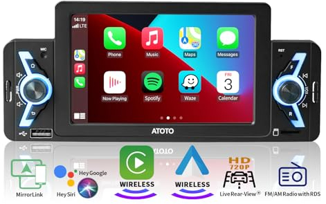 ATOTO F7WE 5 pollici Autoradio 1 Din, CarPlay Senza fili e Android Auto Senza fili, MirrorLink, Radio Bluetooth 5.3 e Touchscreen, RDS/FM/AM, Controllo Vocale, Vista Posteriore Live, F7G1A5WE
