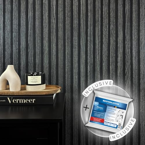 WALLCOVER Tapete inkl. Kleister Schwarz Grau Vliestapete Holzoptik Akustikpaneele Holzwand Skandi Lamellenwand Holzpaneele 3D Optik Holztapete Modern Naturholz Made in Germany