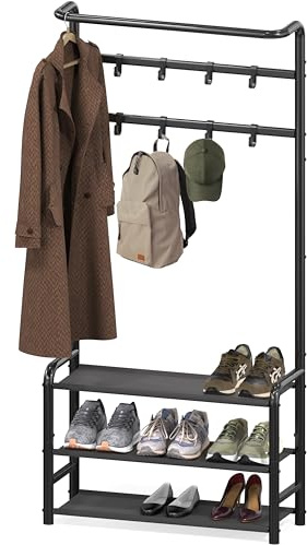 Simple Houseware Coat Rack with Storage Shelf, Freestanding Hall Tree with Hooks for Entryway, Bedroom, Office, Black Metal Clothes Hanger Stand for Coats, Hats, Jackets, Bags - Black