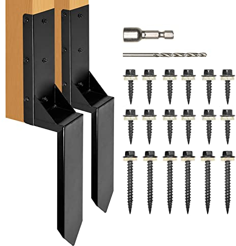 WIMART Fence Post Repair Kit, Heavy Duty Steel Fence Post Anchor Ground Spike, 4''x4'', Black - Set of 2