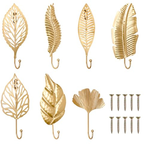QUMENEY 7 Stücke Wand montiert Metall Kleiderhaken Gold Leaves dekorative | hängende Wandhaken Schlüsselhalter Kleiderbügel für Eingang Bad Schlafzimmer Bauernhof Dekoration
