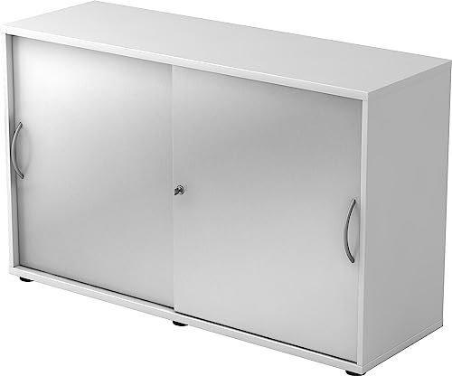 bümö Schiebetürenschrank 2OH - Aktenschrank abschließbar, Sideboard Schrank mit Schiebetüren in Weiß/Silber, Bogengriff - Büroschrank aus Holz mit Schiebetür, Büro Kommode für Ordner & Co.