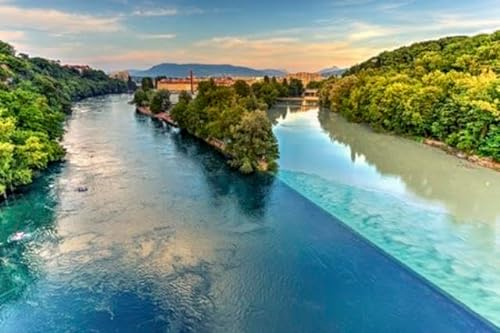 adrium Acryl-Bild 50 x 30 cm: Zusammenfluss von Rhone und Arve bei Sonnenuntergang, Genf, Schweiz, HDR (43543955)