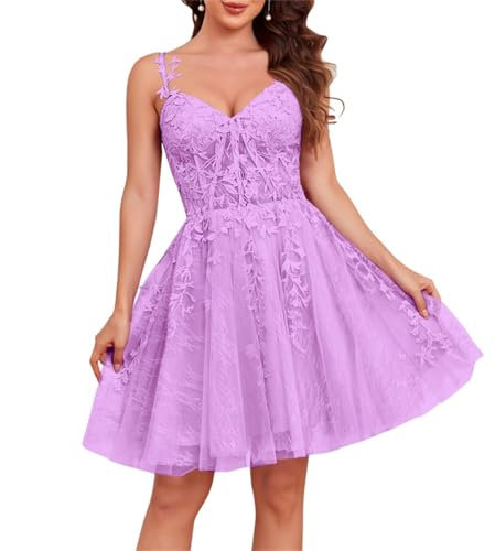 Robes courtes en dentelle à bretelles spaghetti pour adolescents Robes de bal courtes en tulle Robes de cocktail, lilas, 38