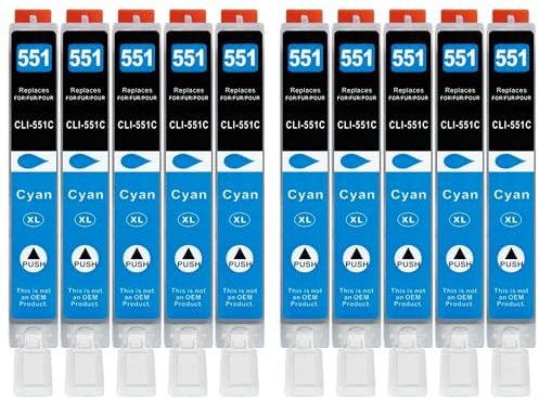 10 XXL Druckerpatronen kompatibel zu CLI-551 C Cyan für Canon PIXMA IP7250 IP8750 MG5450 MG5550 MG5650 MG6350 MG6450 MG6650 MG7150 MG7550 MX725 MX925 IX6850