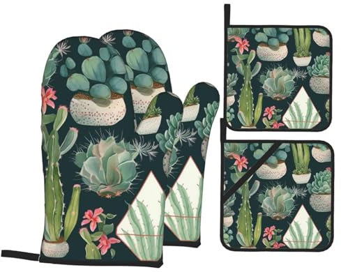 Ofenhandschuhe und Topflappen, hitzebeständig, für Küche, Topfhandschuh, Sukkulenten und Kakteen, rutschfeste Ofenhandschuhe und Topflappen zum Kochen, Grillen, Backen, Grillen, 4-teiliges Set