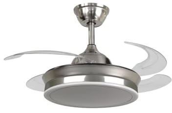 VENTILADOR TECHO LED APP MOVIL FACIL MONTAJE TECHO DC LED ATENUABLE RETRACTIL 4 ASPAS - Opción Sin Pitido, Temporizador, Invierno Verano, 3 Tonos, Modo Brisa, Bajo consumo (Níquel, 91CM)