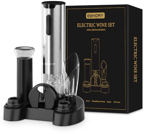 EUHOMY Electric Wine Opener with Charging Base, Wine Aerator Pourer and Foil Cutter, Stainless Steel Automatic Corkscrew Opener with Wine Vacuum Stopper, Fine Set for Wine Lovers